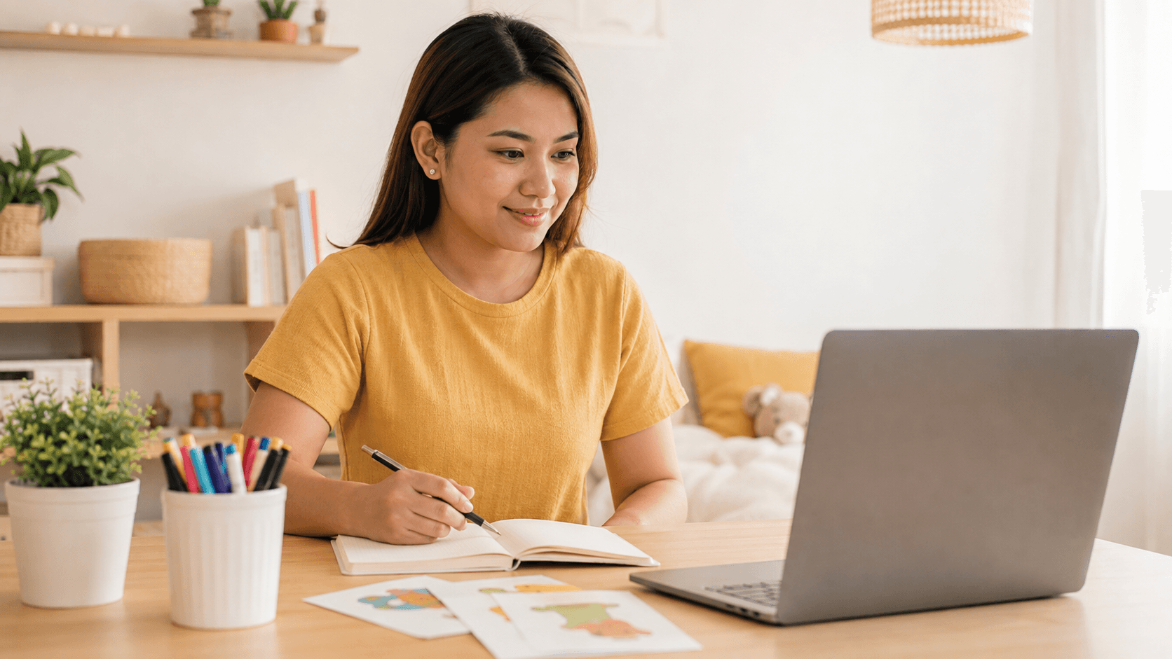 老師在電腦前準備線上英文課程 / Teacher preparing an online English lesson